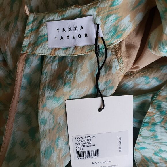 Tanya Taylor Jordan Top Blouse Short Sleeve Green Tan Women's Size Large - Picture 9 of 15